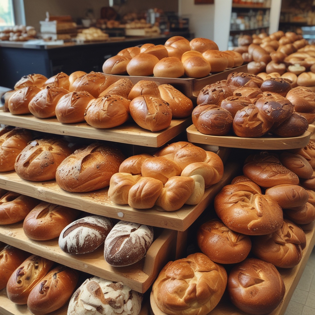 A display of various delicious breads in a bakery